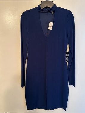 Express Women's Navy Long Sleeve Mock Choker V-Neck Dress (new with tags)
